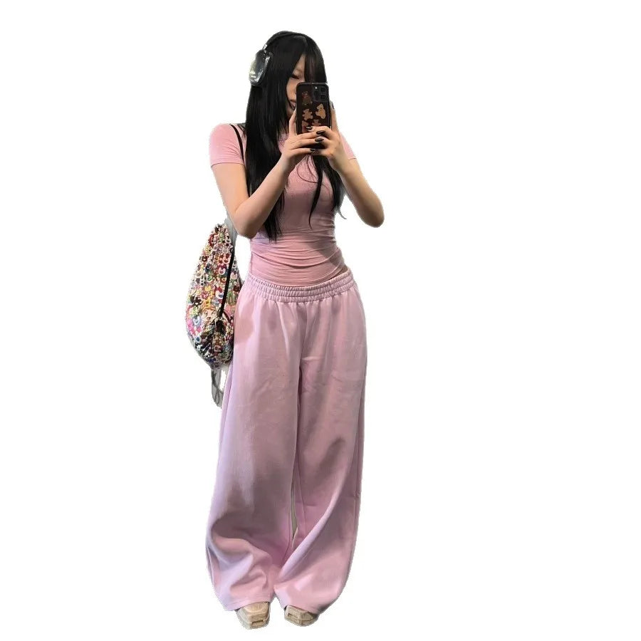 Pink High Waist Wide Leg Sweatpants Women's Spring Summer Lazy Loose Casual Floor Length Sport Long Pants Women