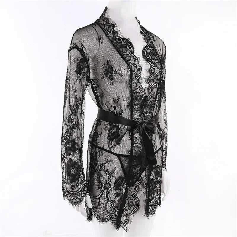 Women Sexy Lingerie Babydoll Erotic Transparent V-Neck Nightdress Robe G-string Costume Lace Sleepwear Dress