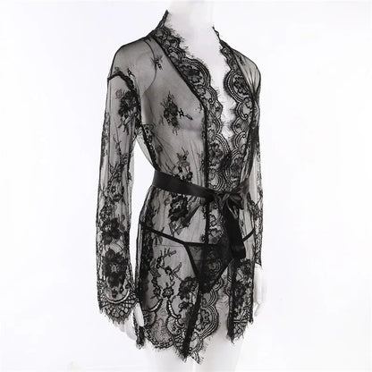 Women Sexy Lingerie Babydoll Erotic Transparent V-Neck Nightdress Robe G-string Costume Lace Sleepwear Dress