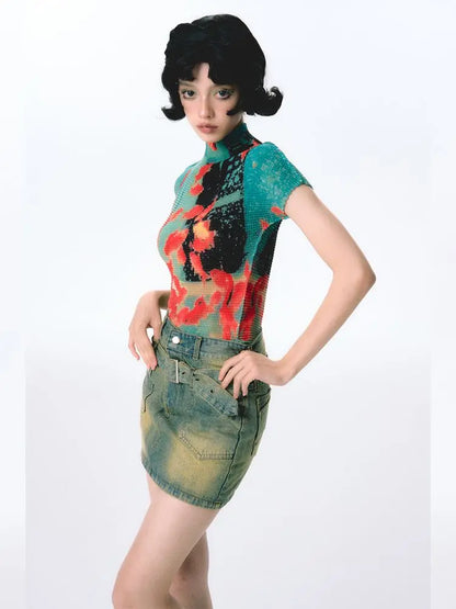 Kimotimo Harajuku Folds Goldfish Print T-shirt Women Summer Y2k Aesthetic Turtleneck Slim Crop Top Short Sleeve Ropa De Mujer