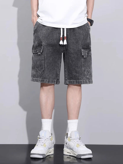 Summer Men's High Street Baggy Cargo Denim Shorts 2026 New Y2K Vintage Drawstring Jorts Hip Hop Fashion Blue Short Jean Pants