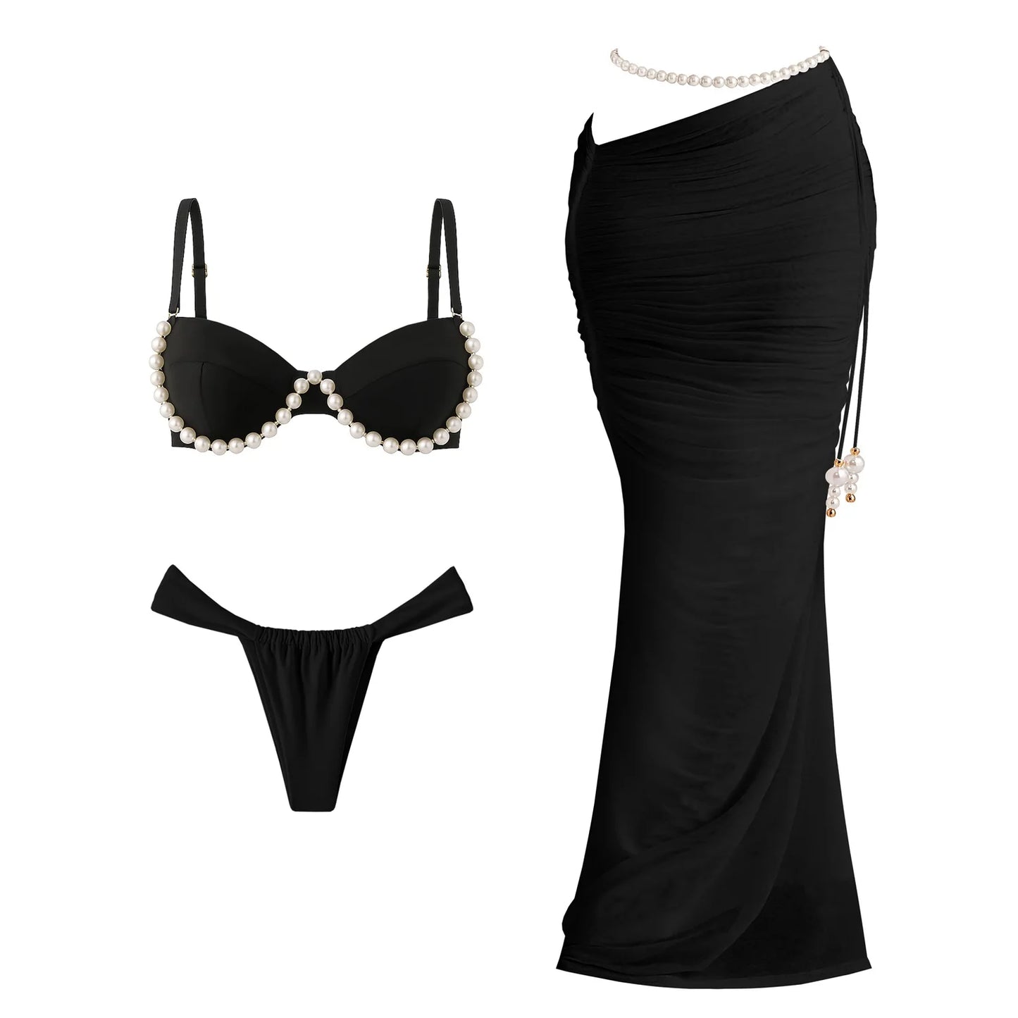 Beads 3Pcs Green Bikini Sexy Women Bandeau Biquini Female Swimsuit Push Up Swimwear Mesh Skirt Bathing Suits Cover Up Beachwear