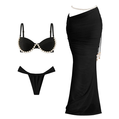 Beads 3Pcs Green Bikini Sexy Women Bandeau Biquini Female Swimsuit Push Up Swimwear Mesh Skirt Bathing Suits Cover Up Beachwear