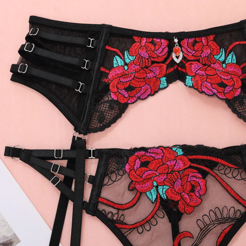 Ellolace Seductive Sexy Lingerie Bra Belt Thong 3PC Set Beautiful Floral Embroidered Intimate Tempted Women Underwear