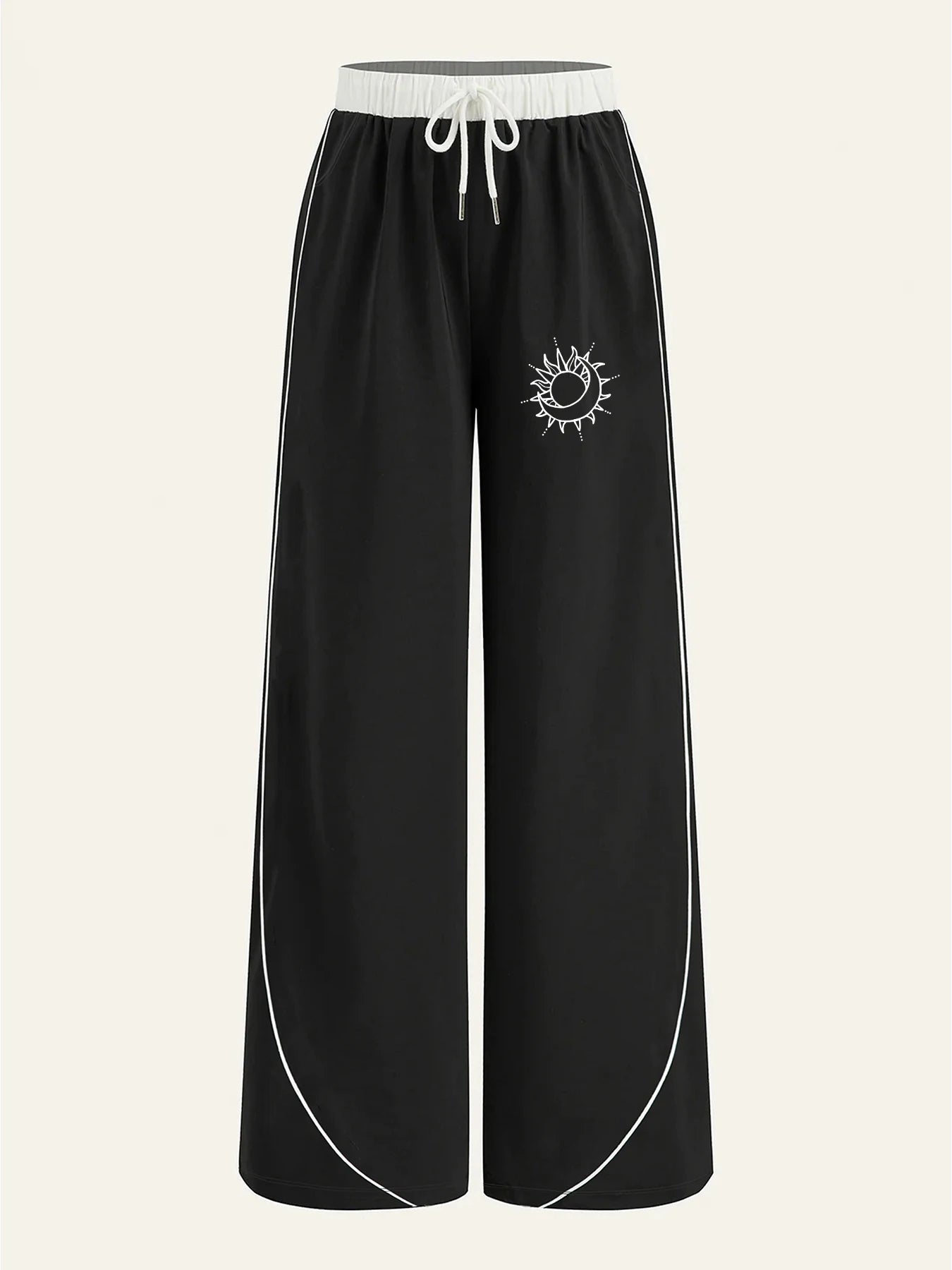 Women's Casual Pants, a Must-Have for Trendy Looks, Summer Cool and Unique Style, Sun and Moon Lines Printed with Contrasting Colors, Wide-Leg Casual Pants with White Lines on the Side, Loose and Comfortable Women's Casual Pa
