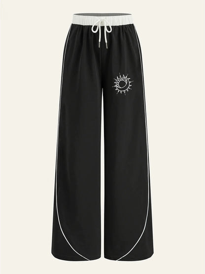 Women's Casual Pants, a Must-Have for Trendy Looks, Summer Cool and Unique Style, Sun and Moon Lines Printed with Contrasting Colors, Wide-Leg Casual Pants with White Lines on the Side, Loose and Comfortable Women's Casual Pa