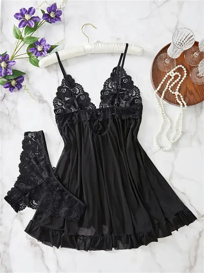 Blue Contrast Lace Ruffle Trim Lingerie Set Women's Nightdress See Through Deep V Mini Dress and Thong Nightgowns Underwear
