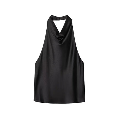 MUJER 2025 Halter Tops for Women Black Satin Backless Top Female Pink Summer Beach Top Woman off Shoulder Camisole Top Women