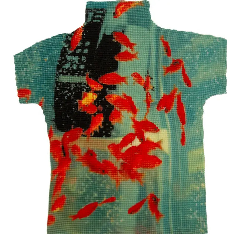 Kimotimo Harajuku Folds Goldfish Print T-shirt Women Summer Y2k Aesthetic Turtleneck Slim Crop Top Short Sleeve Ropa De Mujer