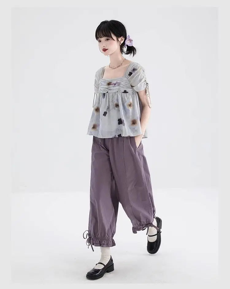 Women's Black High Waist Wide Leg Pants Drawstring Cuff Ruffled Casual Trousers