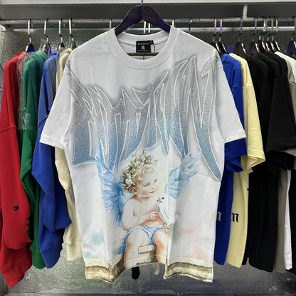 MIXED EMOTION Shirt Rhinestone Short Sleeve Men Women T-shirt Streetwear 100% Cotton Loose Round Neck Top Tees Oversized Tee Top