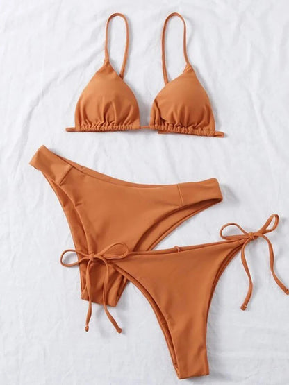 Sexy Solid 3 piece Bikini Set Women's Halter Lace Up Low Waist Swimsuit Triangle Thong Tie On Side Swimwear Brazilian Biquinis