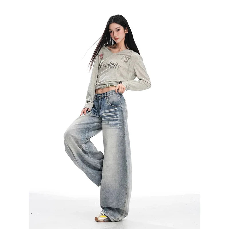 YIBASHU Summer Women's Denim Pants Y2K Baggy Wide Fit Jean Japanese Harajuku Grunge Stacked Jeans Kpop 2000s Punk Boyfriend New