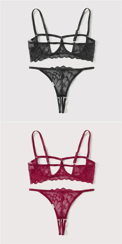 Toucheart 2-piece Set Showing Breasts Sexy Interesting Underwear Women Solid Color Mesh Hollow Out See-through Sexy Lingerie Set