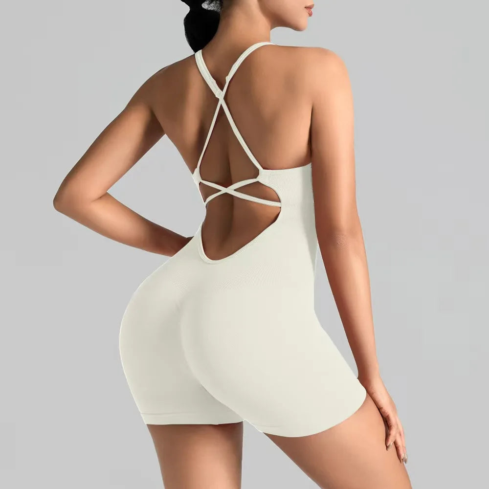 Women's Sexy Slim-Fit Yoga Shorts Jumpsuit Seamless Back Workout Bodysuit Breathable Quick-Dry Gym Running Pilates Fitness Yoga