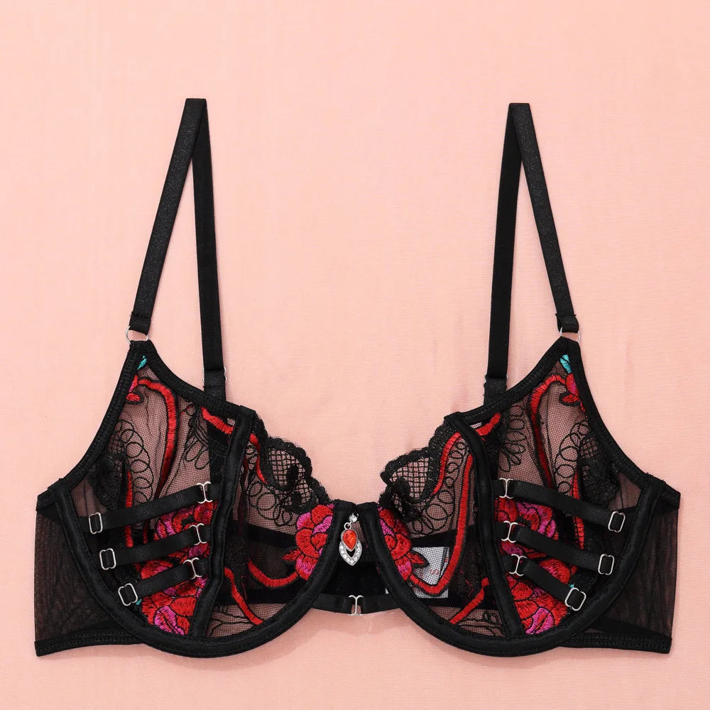 Ellolace Seductive Sexy Lingerie Bra Belt Thong 3PC Set Beautiful Floral Embroidered Intimate Tempted Women Underwear