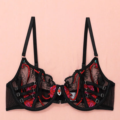 Ellolace Seductive Sexy Lingerie Bra Belt Thong 3PC Set Beautiful Floral Embroidered Intimate Tempted Women Underwear