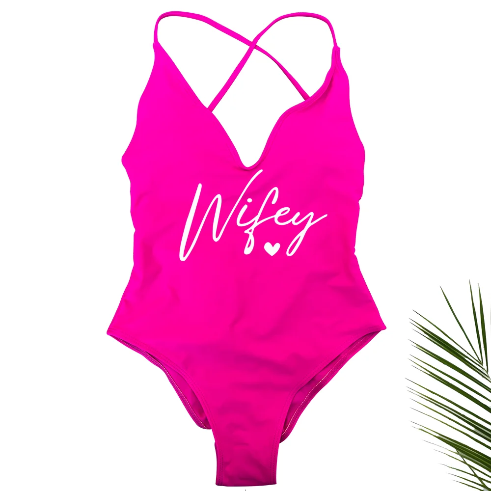 Sexy Padded Wifey One Piece Swimsuit bride Swimwear Women Backless Rose gold Bathing Suit Summer Beachwear monokini Thong
