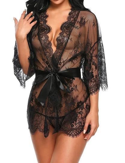 Women Sexy Lingerie Babydoll Erotic Transparent V-Neck Nightdress Robe G-string Costume Lace Sleepwear Dress