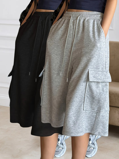 Women Loose Casual Shorts High Waisted Straight Fit Shorts Wide Leg Mid Length Shorts Summer Gray Comfortable Bottoms