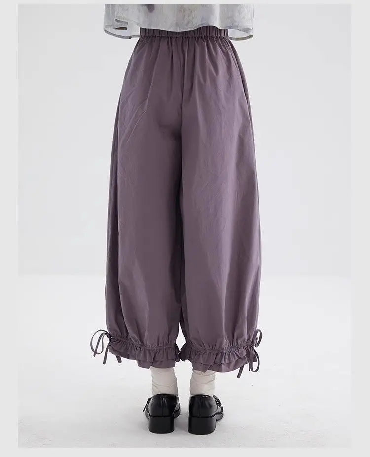 Women's Black High Waist Wide Leg Pants Drawstring Cuff Ruffled Casual Trousers