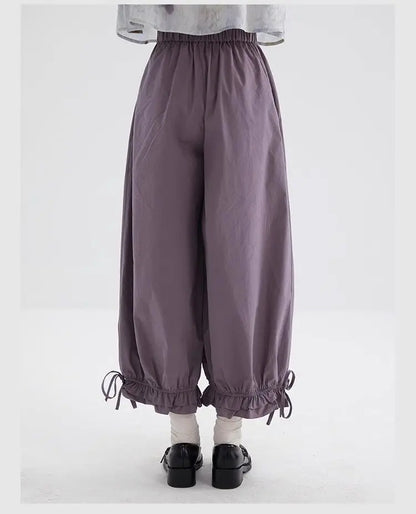 Women's Black High Waist Wide Leg Pants Drawstring Cuff Ruffled Casual Trousers