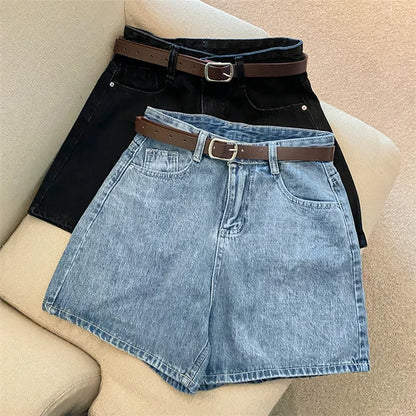 Women High Waist Denim Shorts Summer Chic Streetwear Female Casual Wide Leg Short Pants Solid Color Lady Loose Straight Shorts