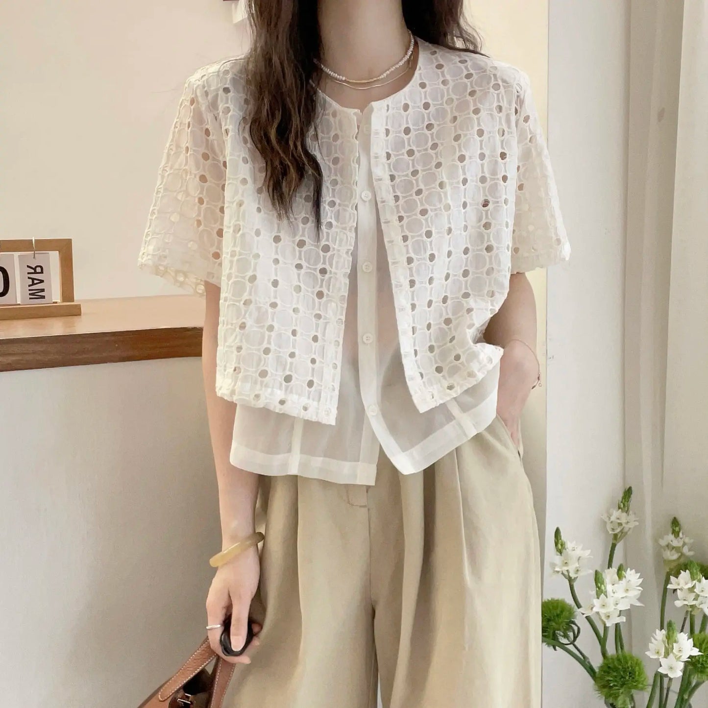 Korean style Hollow Out Patchwork Shirts Women Summer Loose O Neck Buttons Tops Y2K Fashion Casual Fake Two Pieces Shirts