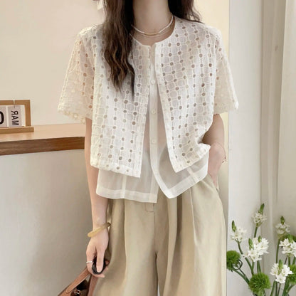 Korean style Hollow Out Patchwork Shirts Women Summer Loose O Neck Buttons Tops Y2K Fashion Casual Fake Two Pieces Shirts