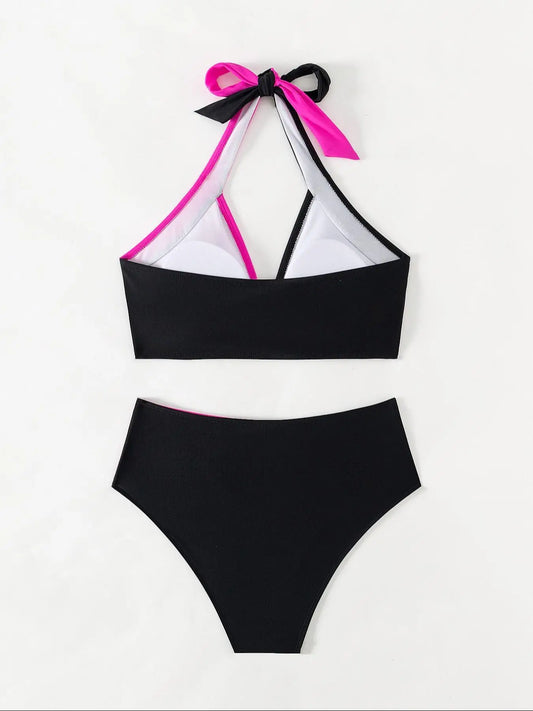 Women's Colorblock Criss Cross Halter Neck Bikini Set, Casual Wrap Swim Top & Swim Bottom Neon Swimsuit for Beach Holiday Vacation, Ladies Swimwear for All Seasons, Bikinis Sets, Beach Bathing Suit, Bikini Swimsuit Outfit, Cl