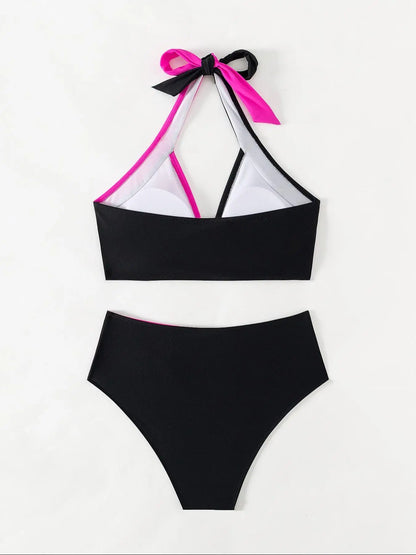 Women's Colorblock Criss Cross Halter Neck Bikini Set, Casual Wrap Swim Top & Swim Bottom Neon Swimsuit for Beach Holiday Vacation, Ladies Swimwear for All Seasons, Bikinis Sets, Beach Bathing Suit, Bikini Swimsuit Outfit, Cl