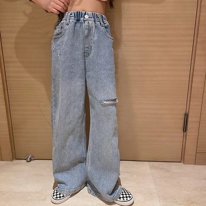Teenage Girls Jeans 2026 Spring Fall Casual Fashion Loose Ripped Hole Kids Retro Korea Pants School Children Trousers 6 8 10 12Y