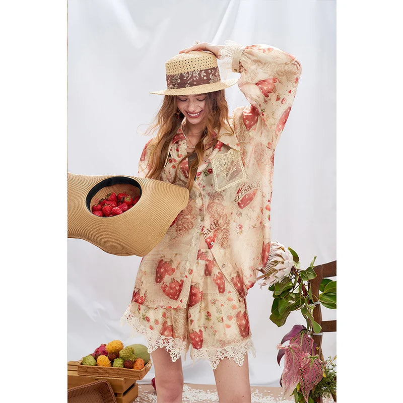 ELFSACK Women's Strawberry Print 2 Piece Set, Vintage Palace Vacation Shirt & A-Line Shorts Suit, Cute Summer Outfit