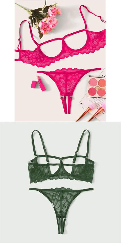 Toucheart 2-piece Set Showing Breasts Sexy Interesting Underwear Women Solid Color Mesh Hollow Out See-through Sexy Lingerie Set