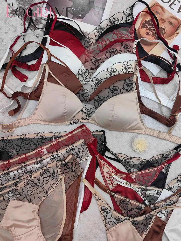 Women Underwear Set Sexy Silken Triangle Cup Wireless Bras French Bralette Seamless Intimates Bra and Thong Lingerie Set
