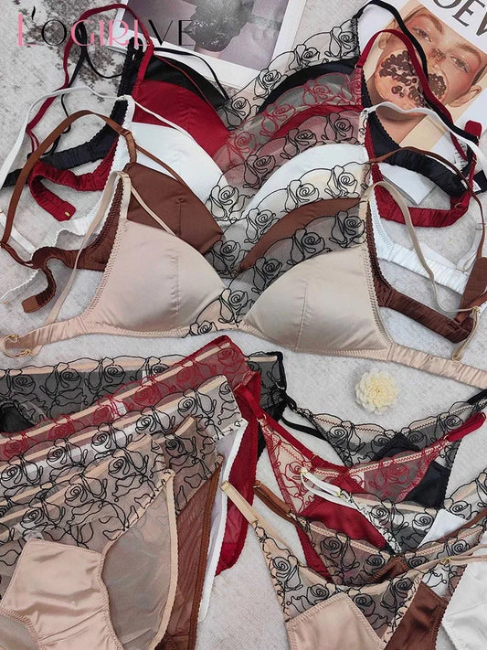Women Underwear Set Sexy Silken Triangle Cup Wireless Bras French Bralette Seamless Intimates Bra and Thong Lingerie Set