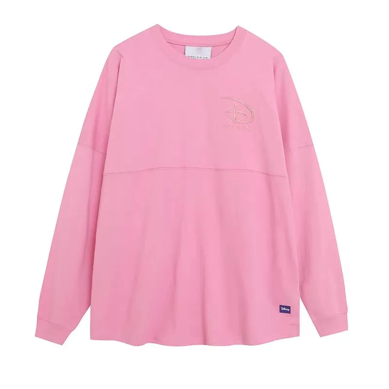 Disney World Letter Mickey Mouse Cartoon Print Embroidery Flares Pearl Pink Sweatshirt Sweet Women Long Sleeve Loose Jumper Tops