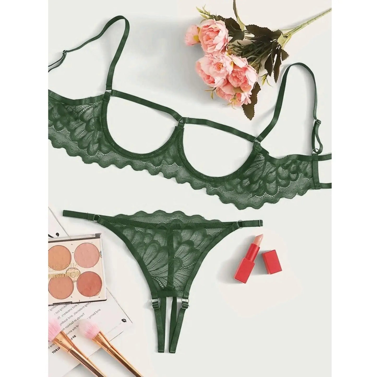 Toucheart 2-piece Set Showing Breasts Sexy Interesting Underwear Women Solid Color Mesh Hollow Out See-through Sexy Lingerie Set