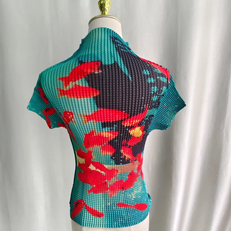 Kimotimo Harajuku Folds Goldfish Print T-shirt Women Summer Y2k Aesthetic Turtleneck Slim Crop Top Short Sleeve Ropa De Mujer