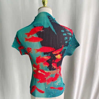 Kimotimo Harajuku Folds Goldfish Print T-shirt Women Summer Y2k Aesthetic Turtleneck Slim Crop Top Short Sleeve Ropa De Mujer