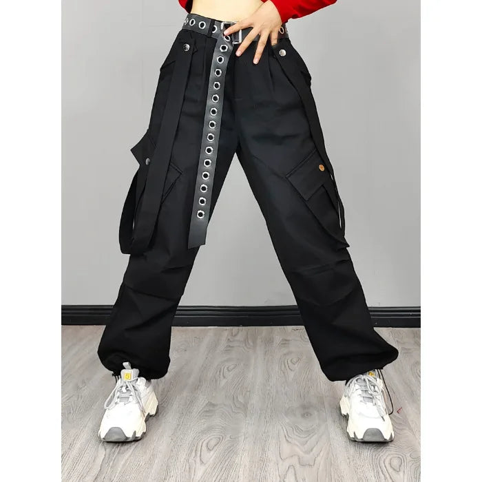 Women's Dance Y2K Style Pants Cross Layer Straps Design Casual Streetwear Wide Leg Cargo Pants For Hip Hop Dance Colorful