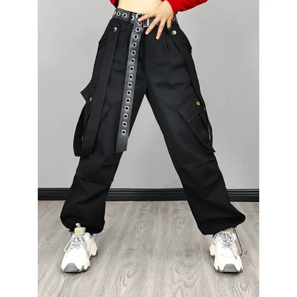 Women's Dance Y2K Style Pants Cross Layer Straps Design Casual Streetwear Wide Leg Cargo Pants For Hip Hop Dance Colorful