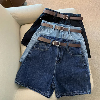 Women High Waist Denim Shorts Summer Chic Streetwear Female Casual Wide Leg Short Pants Solid Color Lady Loose Straight Shorts