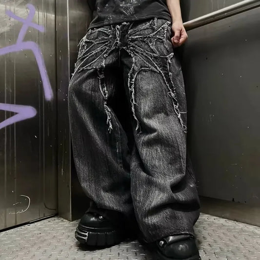 Gothic Retro Baggy Unisex Mopping Pants Y2K Phantom Jeans High Street Spider Embroidered Patch Hip Hop Streetwear Straight Jeans