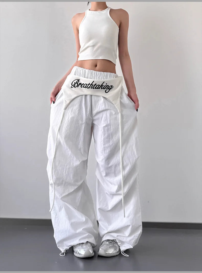 Women's Dance Y2K Style Pants Cross Layer Straps Design Casual Streetwear Wide Leg Cargo Pants For Hip Hop Dance Colorful