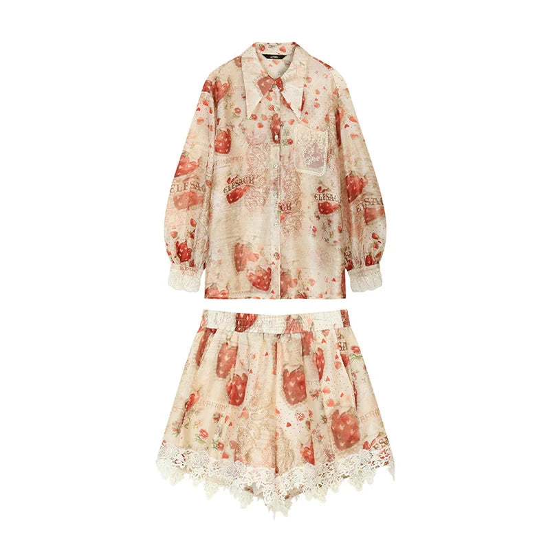 ELFSACK Women's Strawberry Print 2 Piece Set, Vintage Palace Vacation Shirt & A-Line Shorts Suit, Cute Summer Outfit