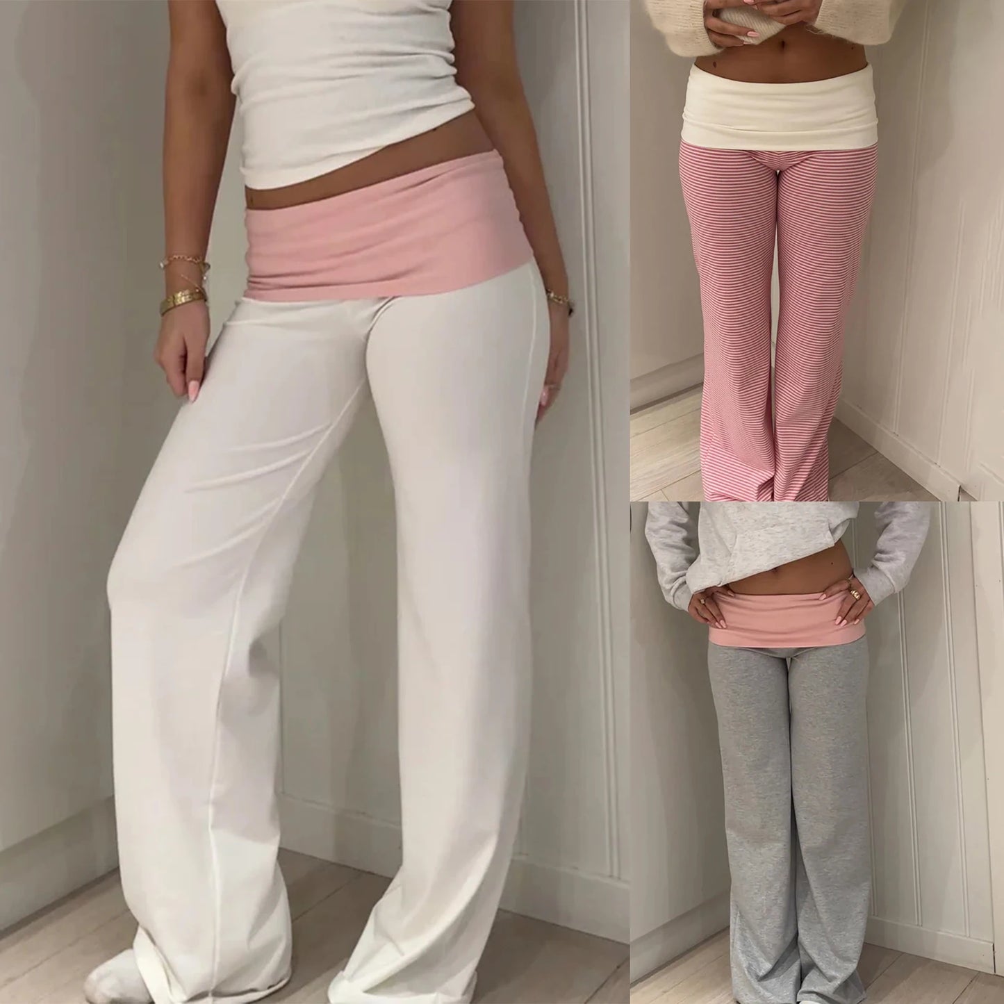 Casual Women Wide Leg Sweatpants Low Rise Flare Lounge Pant Bell Bottoms Y2K Trousers Fold Over Yoga Pants