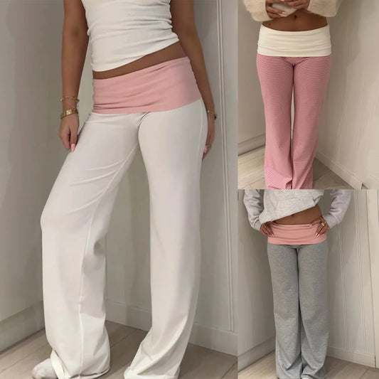 Casual Women Wide Leg Sweatpants Low Rise Flare Lounge Pant Bell Bottoms Y2K Trousers Fold Over Yoga Pants