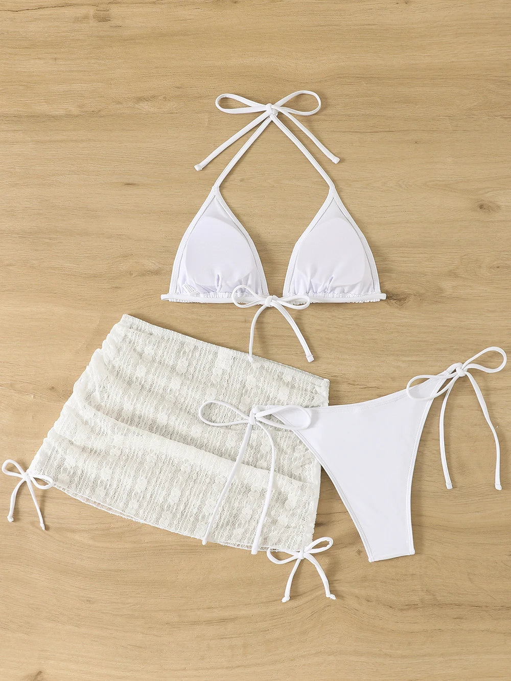 Sexy Solid 3 piece Bikini Set Women's Halter Lace Up Low Waist Swimsuit Triangle Thong Tie On Side Swimwear Brazilian Biquinis