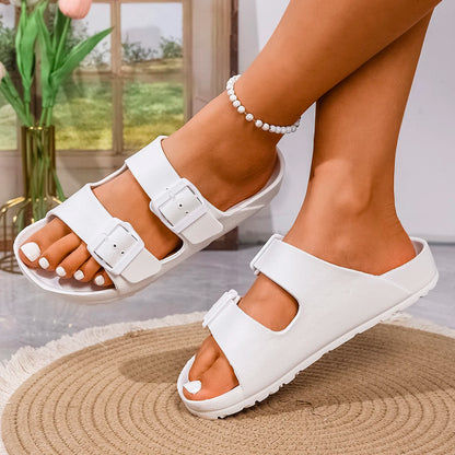 Women's Casual Simple Buckle Adjustable Eva One-Piece Double-Strap Flat Slip-On Slippers Suitable for Indoor and Outdoor